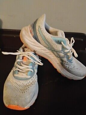 ASICS Women's GEL-Excite 8 Running Shoes | White/Light Blue/Orange | Size 9.5